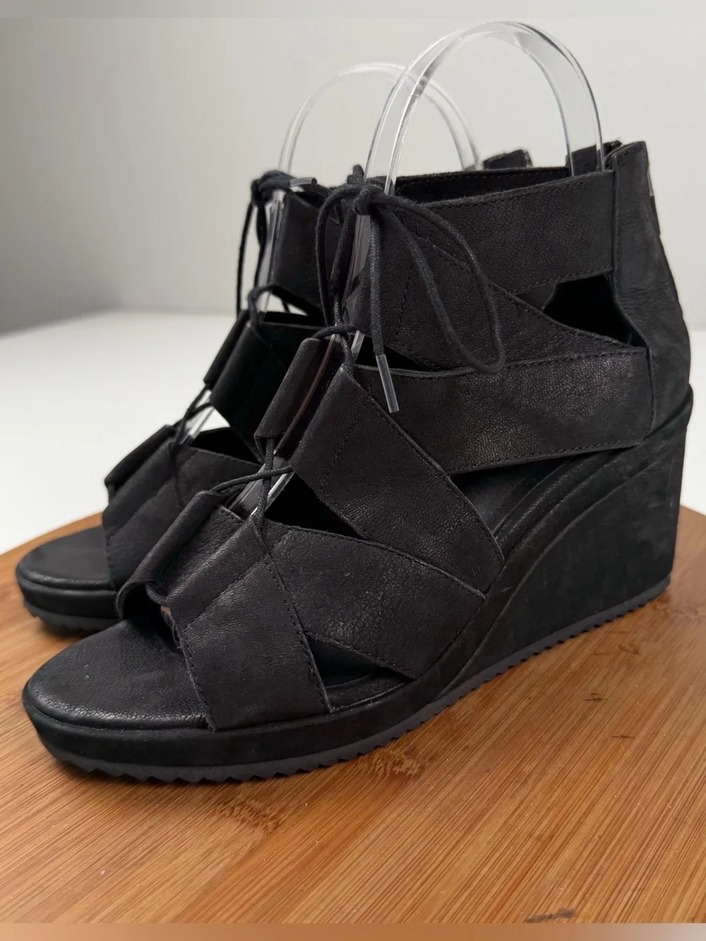 Eileen Fisher Dibs Black Lace-Up Strappy Wedge Sandals
